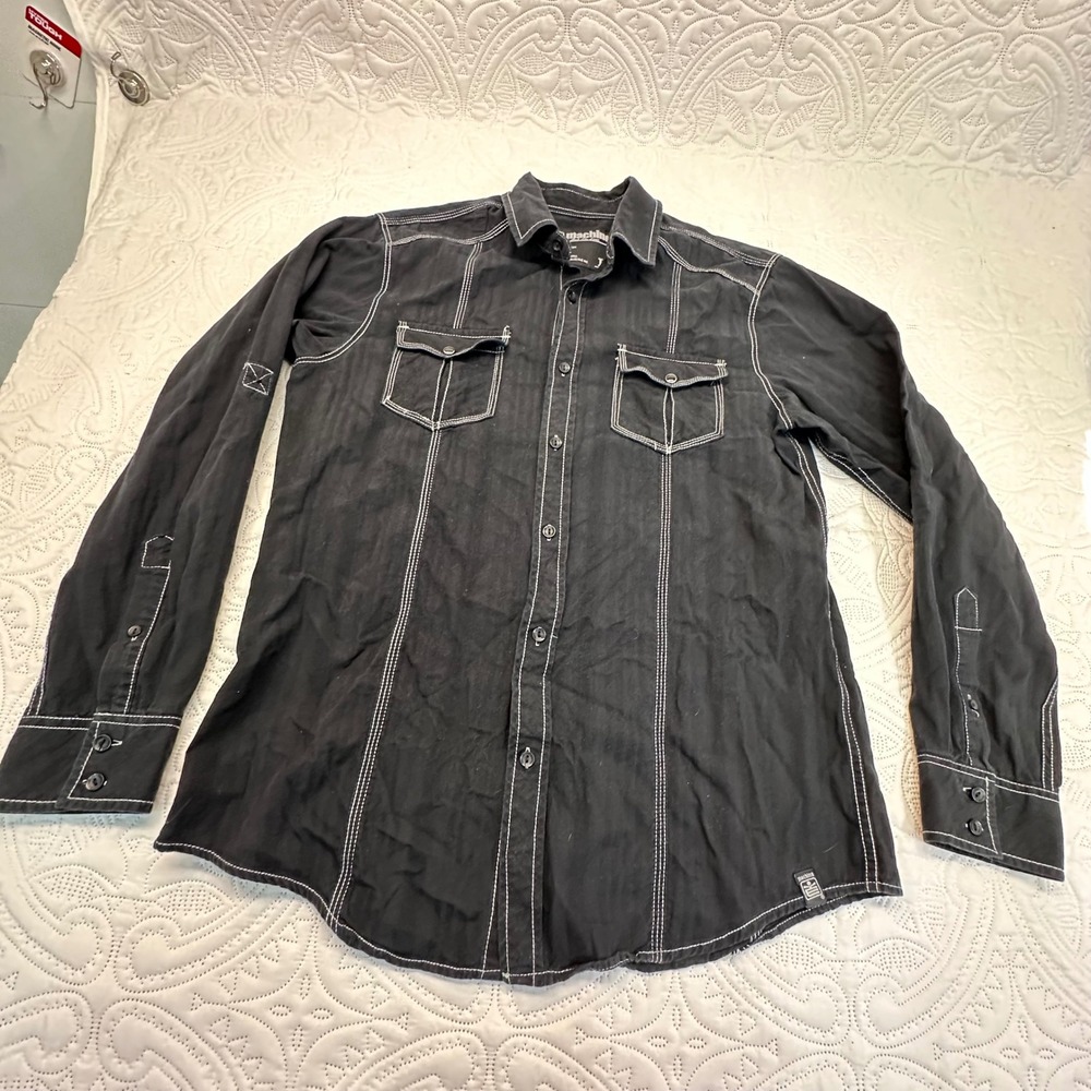 Machine Mens Black White Contrast Stitch Long Sleeve Button Down Shirt Large